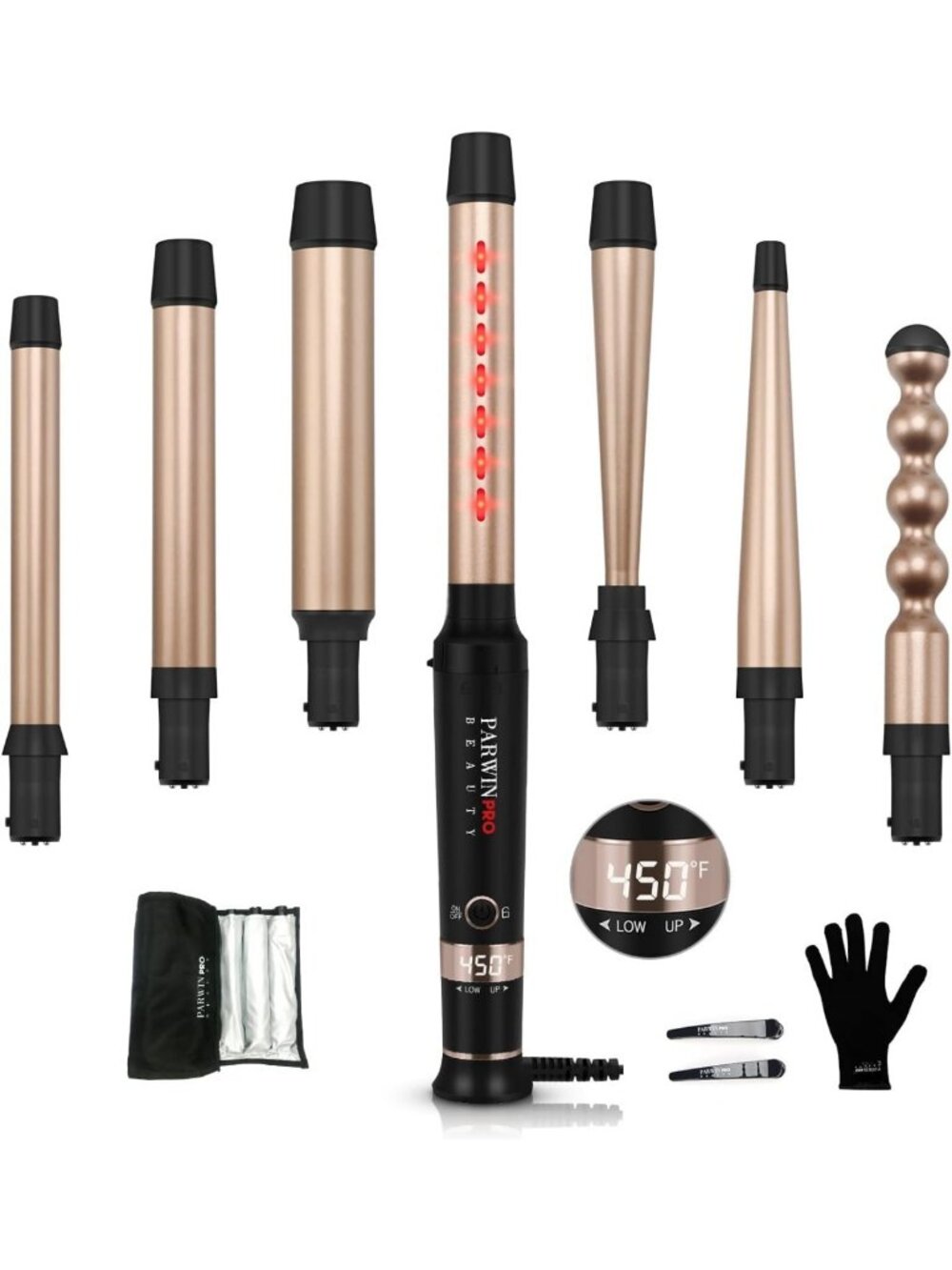 7-in-1 Infrared Curling Wand Set, Dual Voltage, Temp Control, Auto Shut Off